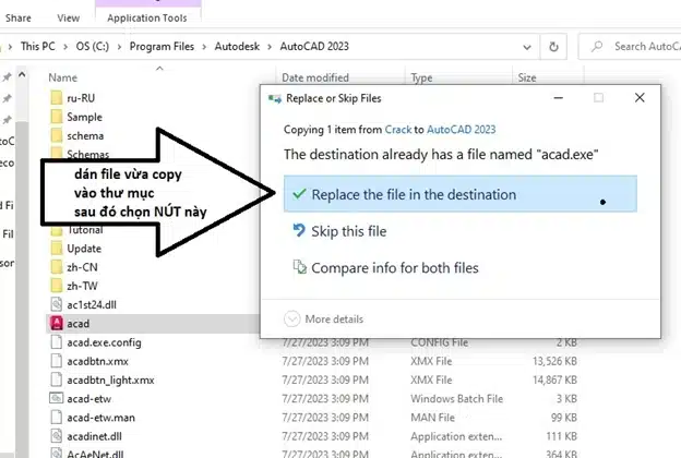 Thay thế file acad trong thư mục