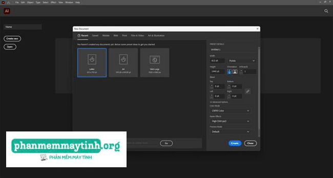 Giao diện chính của phần mềm Adobe Illustrator 2024.
