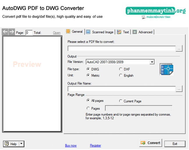 Giao diện chính của phần mềm AutoDWG PDF to DWG Converter Pro 2022.